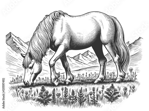 horse peacefully grazing in scenic alpine meadow mountain landscape, wildflowers and pine trees in etching style sketch engraving generative ai vector illustration. Scratch board. Black and white.