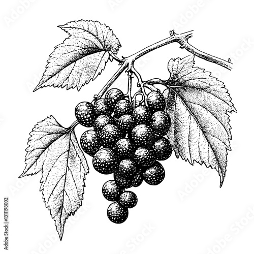 Detailed engraved vector design of a grape cluster with leaves suitable for tattoo art