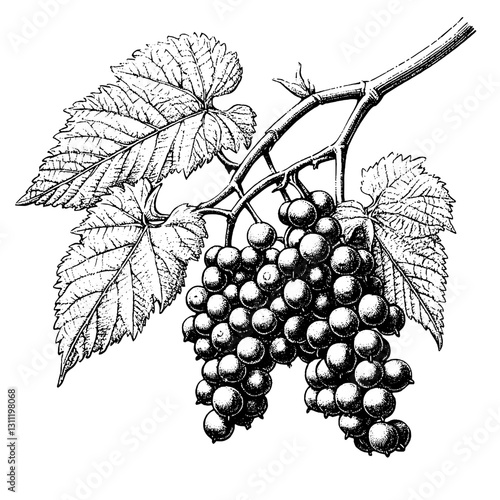 Detailed engraved vector tattoo of a grapevine with clusters of grapes and leaves design for body art enthusiasts