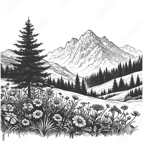 alpine valley with blooming wildflowers in the foreground and towering mountains in the background sketch engraving generative ai vector illustration. Scratch board imitation. Black and white image.
