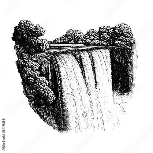 Engraved vector artwork of a waterfall surrounded by trees in a natural setting