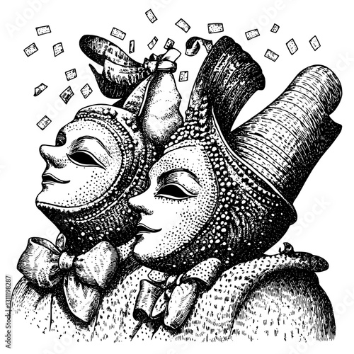 Engraved vector design of two masquerade masks with intricate details and festive elements suitable for tattoo art