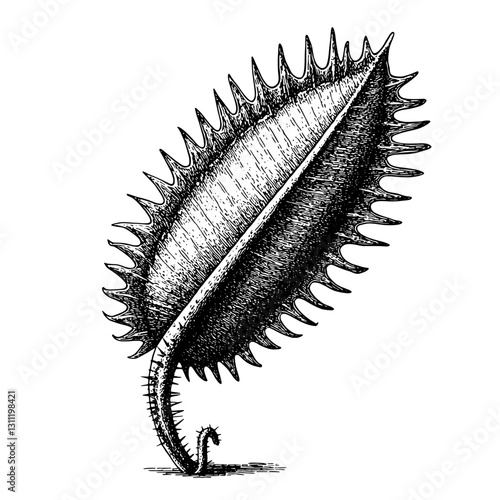 Elegant engraving of a carnivorous plant leaf showcasing intricate spikes and features