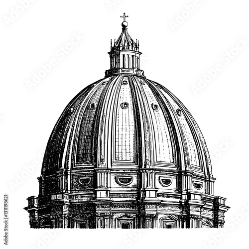 Engraved vector design of a dome topped with a cross, showcasing intricate architectural details