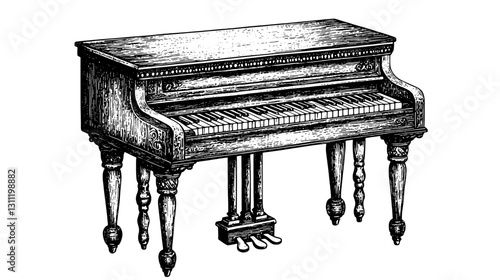 Engraved vector artwork of a vintage piano showcasing intricate details and a classic design for tattoo inspiration