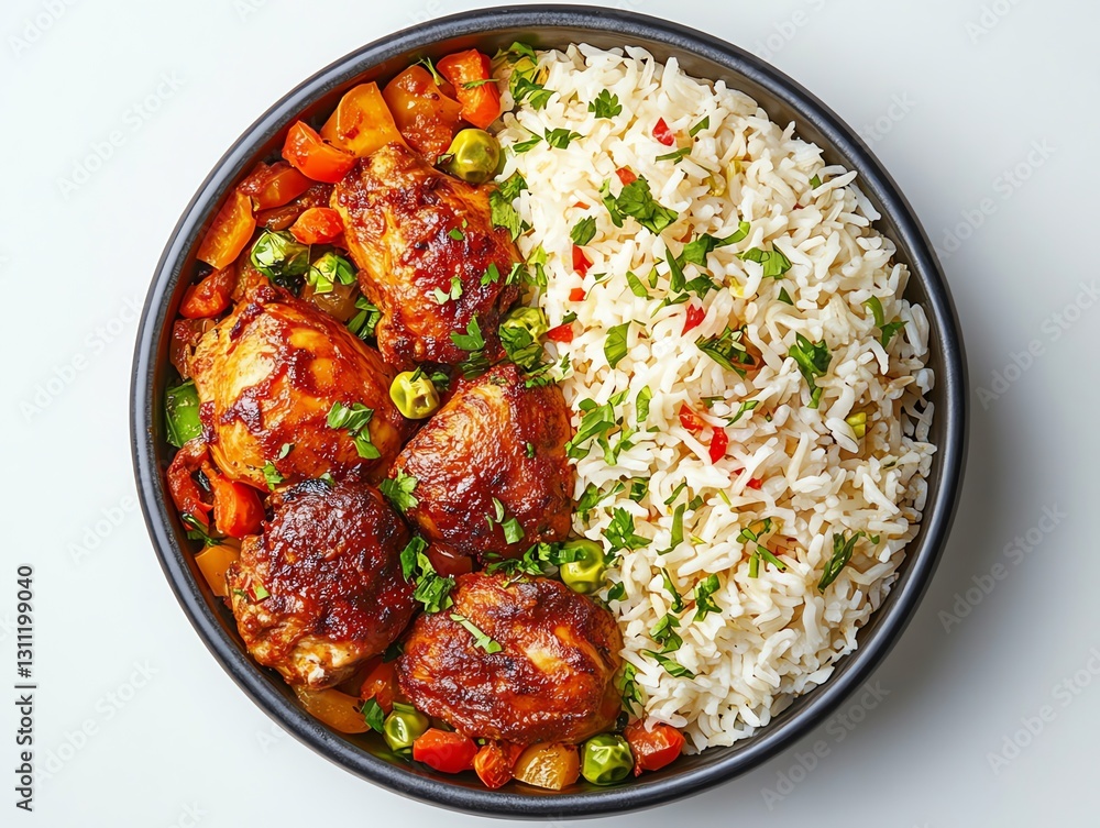 Delicious Chicken Thighs with Colorful Vegetables and Fluffy Rice Delicious Chicken Thighs with Colorful Vegetables and Fluffy Rice
