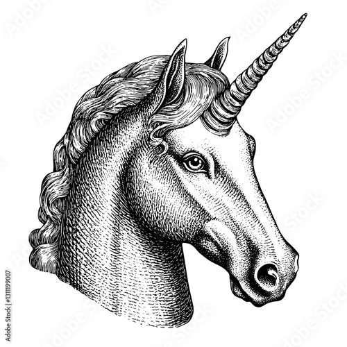 Detailed engraving of a mythical unicorn head for tattoo design featuring intricate lines and shading work