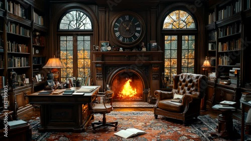 Elegant vintage home library with a crackling fireplace, wooden bookshelves, and a leather chair. Seamless looping 4K time-lapse animation video background
