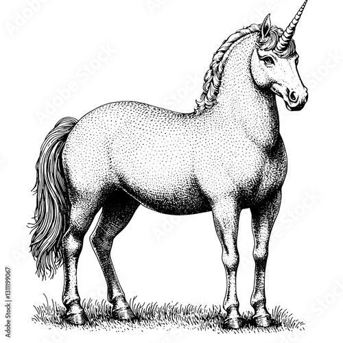 Elegant engraved unicorn design suitable for tattoo art featuring detailed textures and a regal pose