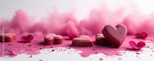 Heart-shaped chocolates, watercolor wash background, candy, artwork, treat