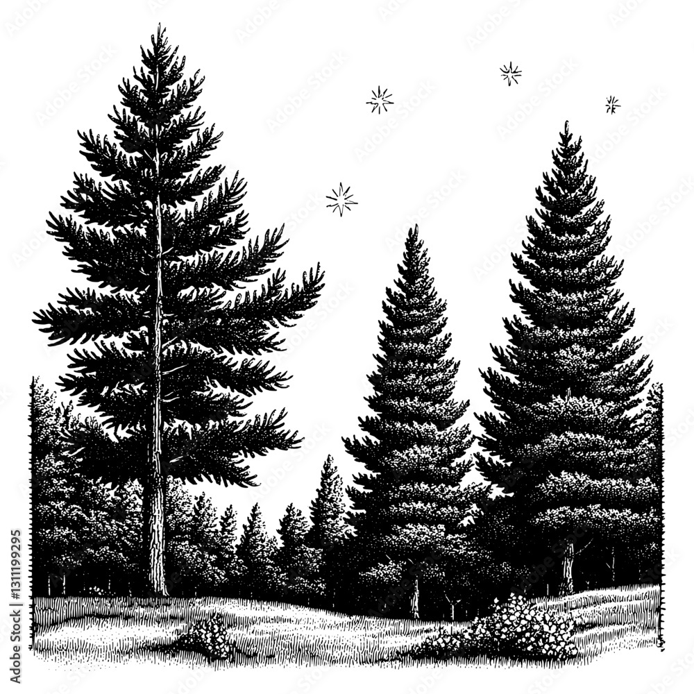 Fototapeta premium Engraved vector design featuring tall trees and stars in a serene landscape for tattoo enthusiasts