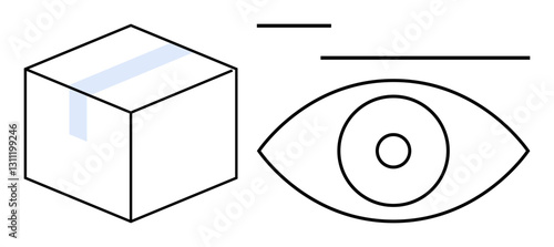 Cube-shaped package box beside open eye with lines symbolizing review, inspection, and analysis. Ideal for logistics, quality control, transparency, observation, feedback, analysis flat simple