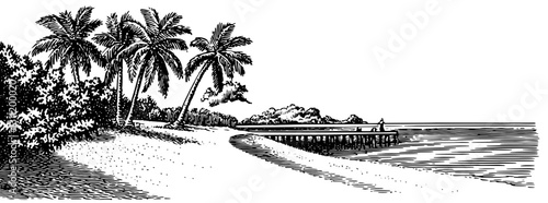 Engraved tropical beach scene with palm trees and a pier in a serene coastal landscape