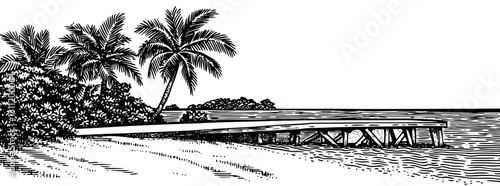 Engraved vector design of a serene dock by the ocean with palm trees in a tropical setting