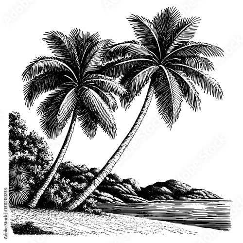 Engraved vector design of tropical palm trees by the shore with rocky landscape in the background