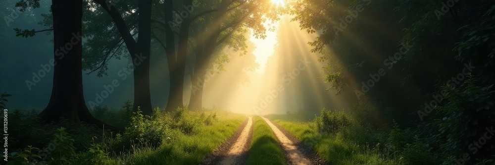 Fototapeta premium Sunbeams pierce fog, illuminating a tranquil country lane through ancient forest , rural, scenic