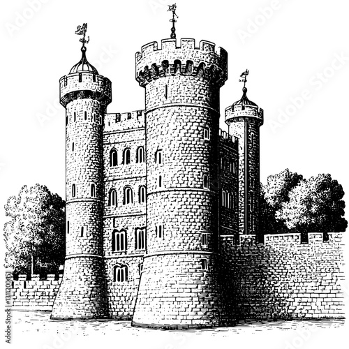 Engraved vector design of a medieval castle with towers and surrounding wall suitable for tattoo art