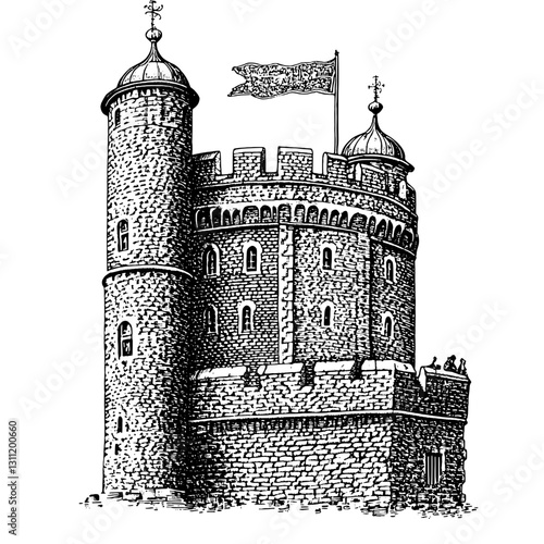 Engraved vector illustration of a historic stone castle with turrets and flag