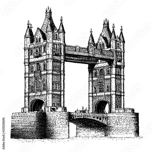 Engraved vector artwork of the iconic Tower Bridge in London, showcasing intricate architectural details and historical significance