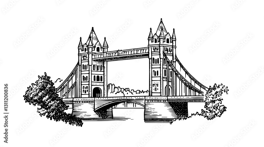 Obraz premium Engraved vector tattoo of a historic bridge showcasing detailed architecture and surrounding landscape