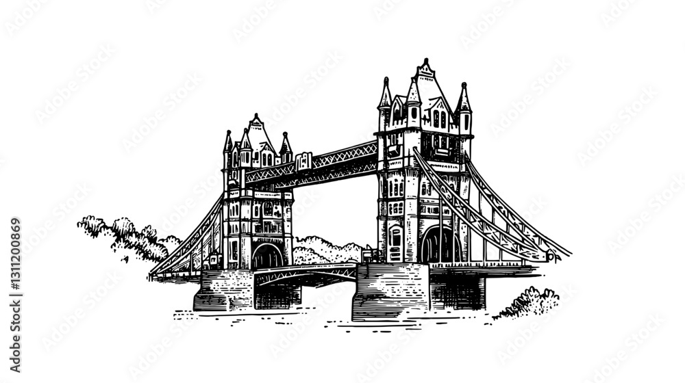 Fototapeta premium Elegant engraved illustration of Tower Bridge highlighting architectural details and charm of London