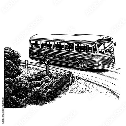 Vintage bus driving along a winding road surrounded by lush greenery