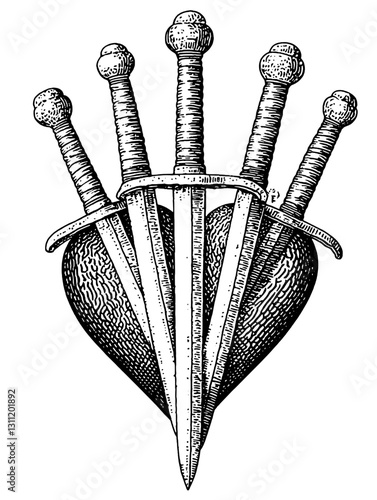 Engraved tattoo design featuring swords piercing a heart in a detailed vector style