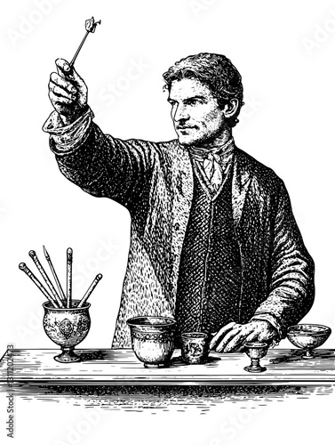 Engraved vintage vector of a man performing an alchemical experiment with various tools and instruments