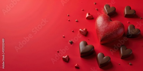 Heart-shaped chocolates arranged on red background, love, white, romance