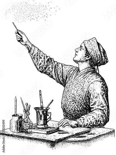 Tattoo design of an artisan at work, using a stick to create sparkling effects in a workshop setting