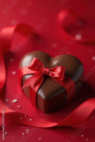 Heart-shaped chocolates, glossy finish, red ribbon , macro, valentines
