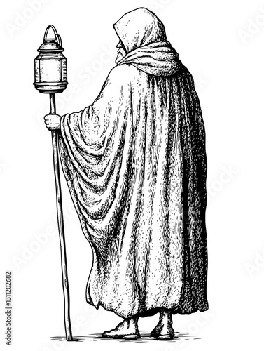 Elderly traveler with lantern wearing a cloak walks in a mysterious forest, illuminating the dark path with wisdom and experience