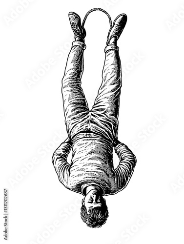 Intricate engraved vector design depicting a person suspended upside down with hands bound