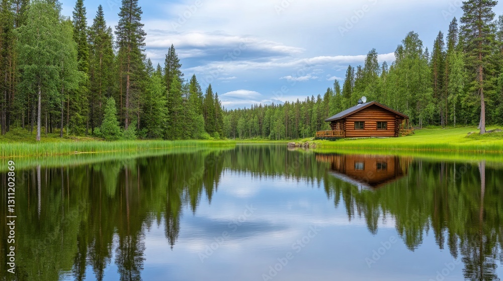 Fototapeta premium Serene Lakeside Cabin Surrounded by Lush Green Forest Landscape