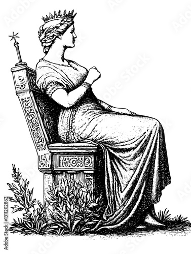 Elegant engraved vector representation of a seated queen adorned with a crown and decorative gown