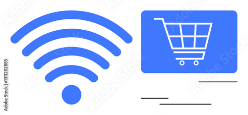 wireless signal next to a digital shopping cart screen highlighting online shopping options. Ideal for e-commerce, technology, convenience, retail, communication, internet services, innovation in