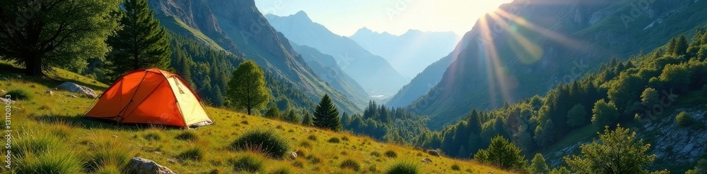 Rustic campsite nestled in a mountain valley, sunlit meadow , meadow, shelter Rustic campsite nestled in a mountain valley, sunlit meadow , meadow, shelter