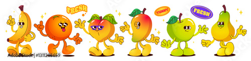 Groovy fruit cartoon characters with expressive faces and poses. Colorful cute positive mascots with different emotions and promotional text. Vibrant design for food packaging or educational material.