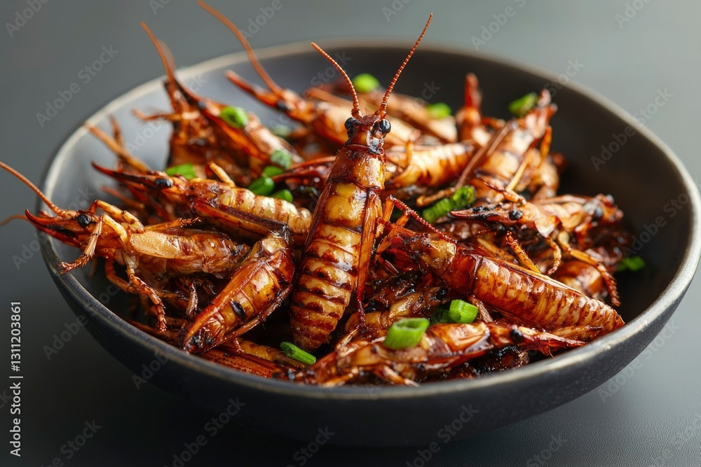 Roasted insects garnished with green onions in a bowl Roasted insects garnished with green onions in a bowl
