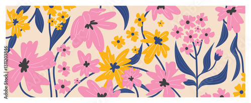 Trendy botanical doodle pattern with pink and yellow flowers, navy blue stems and leaves on beige background. simplified floral composition. Contemporary natural design for fabric, wrapping paper.