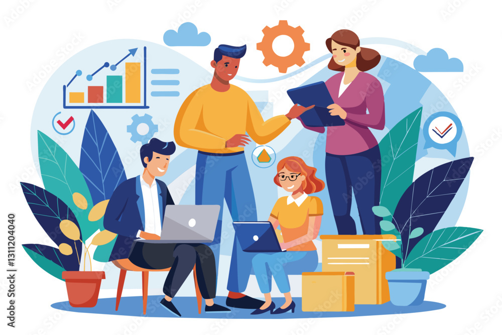 A group of professionals discusses and reviews business rules while utilizing laptops and tablets, People evaluate the rules for business growth A group of professionals discusses and reviews business rules while utilizing laptops and tablets, People evaluate the rules for business growth