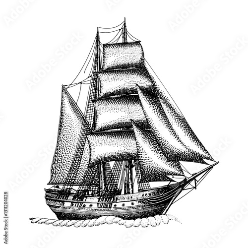 Engraved vector tattoo design of a detailed sailing ship with multiple sails and classic rigging against a minimal background