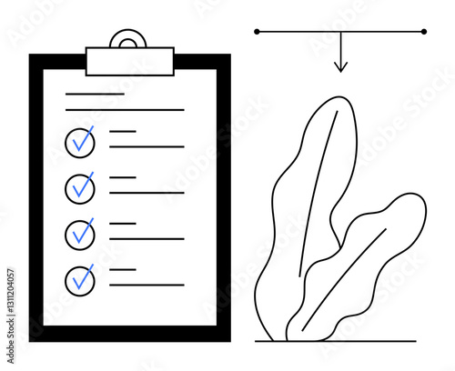Clipboard displaying checklist with checkmarks, simplistic plant illustration, arrow indicating focus. Ideal for task completion, organization, productivity, planning, workflow, simplicity