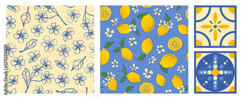Amalfi pattern collection with Mediterranean motifs in blue and yellow. Lemon blossoms, vibrant citrus with flowers, decorative tile designs. Classic Italian inspired prints for home decor or fabric.