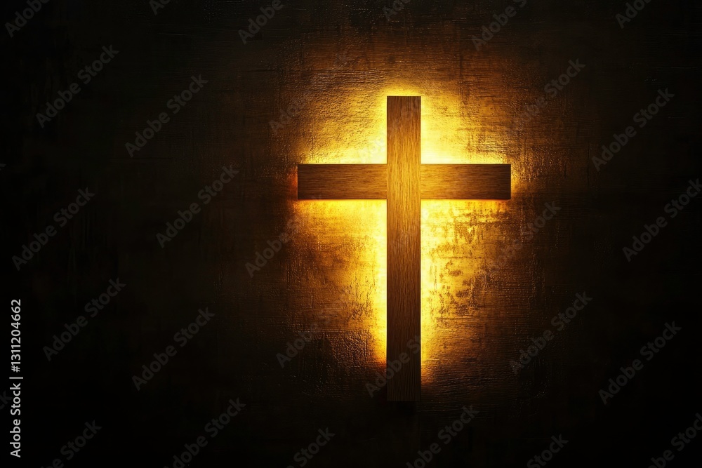 Fototapeta premium Illuminated Wooden Cross on Dark Background