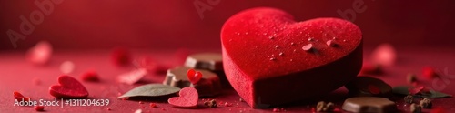 Elegant red velvet heart box, chocolates visible , delicious, velvet