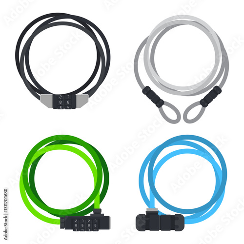 Bicycle cable locks vector cartoon set isolated on a white background.