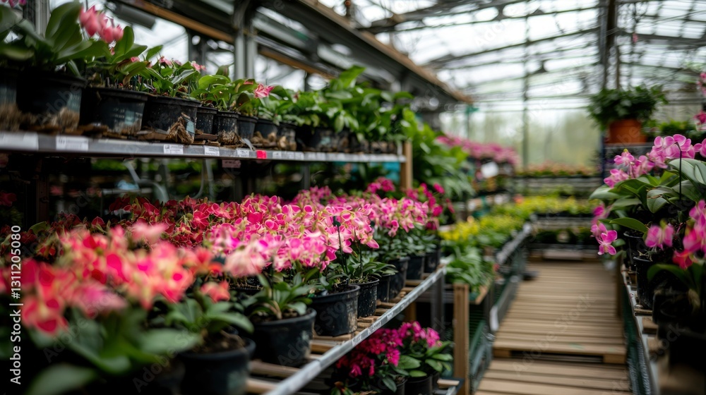 Fototapeta premium Colorful potted flowers on display in a bright greenhouse