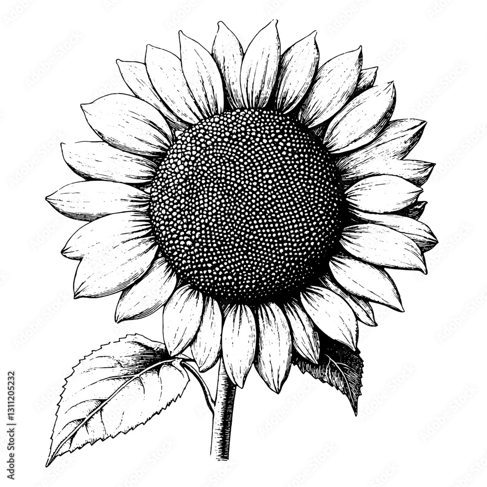 Fototapeta premium Engraved vector design of a sunflower with detailed petals and leaves for tattoo art