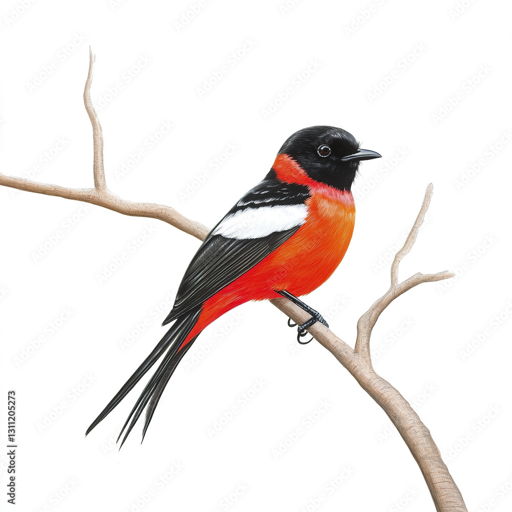 Fototapeta premium Scarlet minivet perched on branch, vibrant plumage